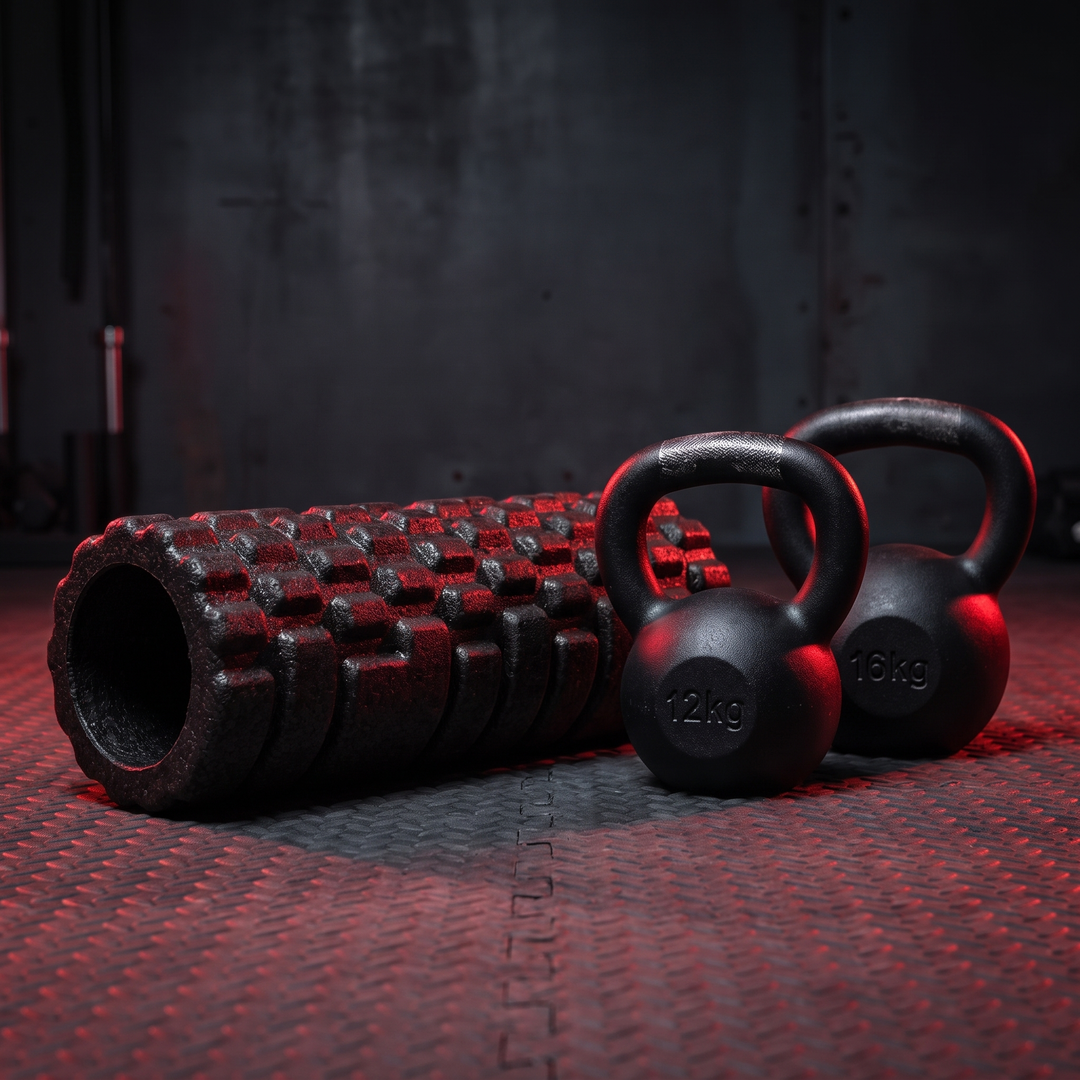 PHYSIOATHLETX Foam Roller - gym floor lifestyle shot with kettlebells