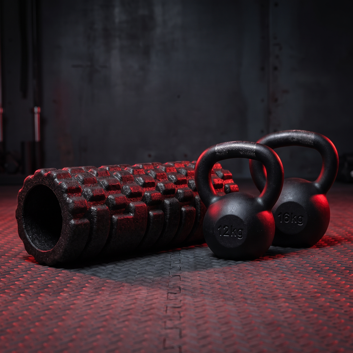 PHYSIOATHLETX Foam Roller - gym floor lifestyle shot with kettlebells