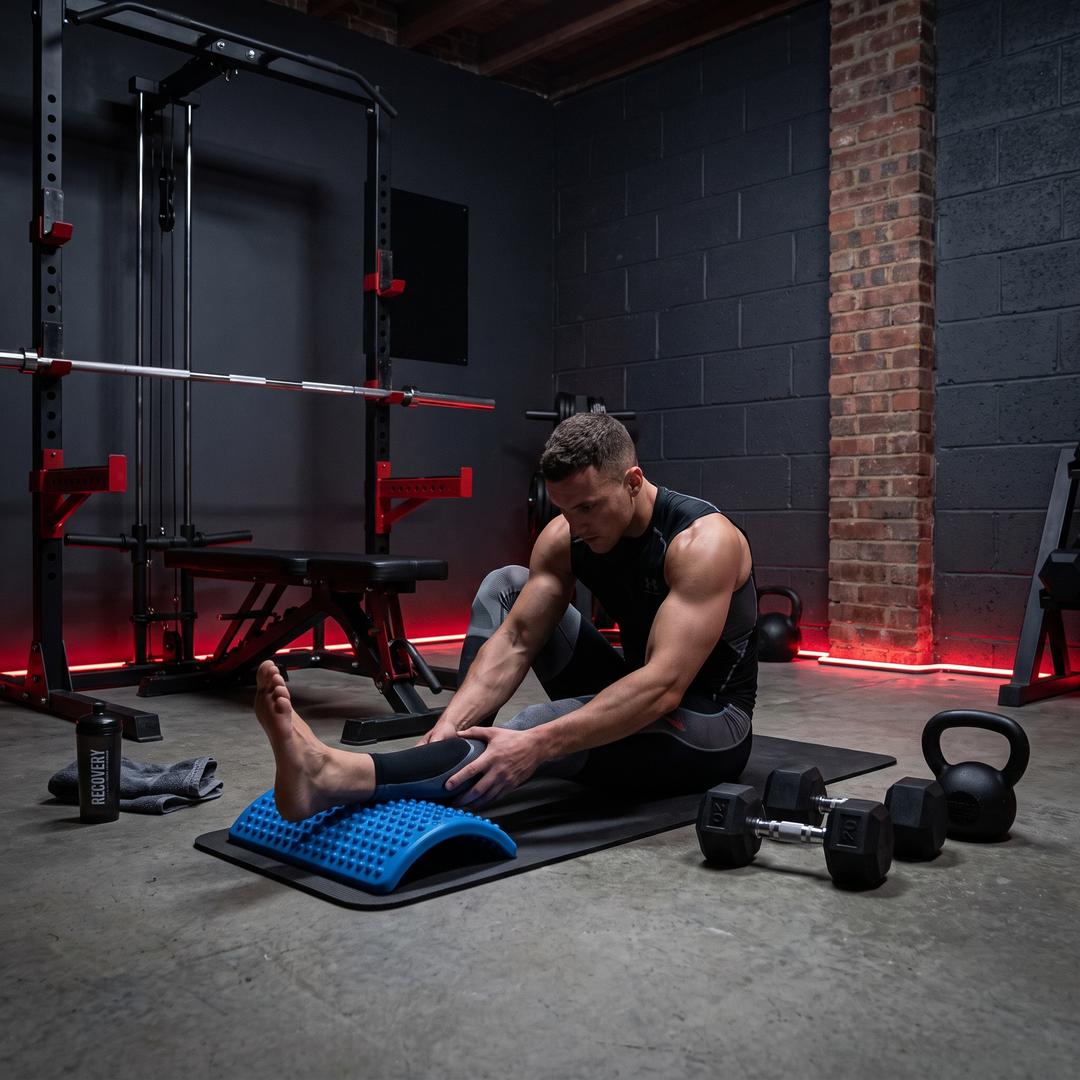 Person stretching near gym equipment with blue foot massage board underfoot