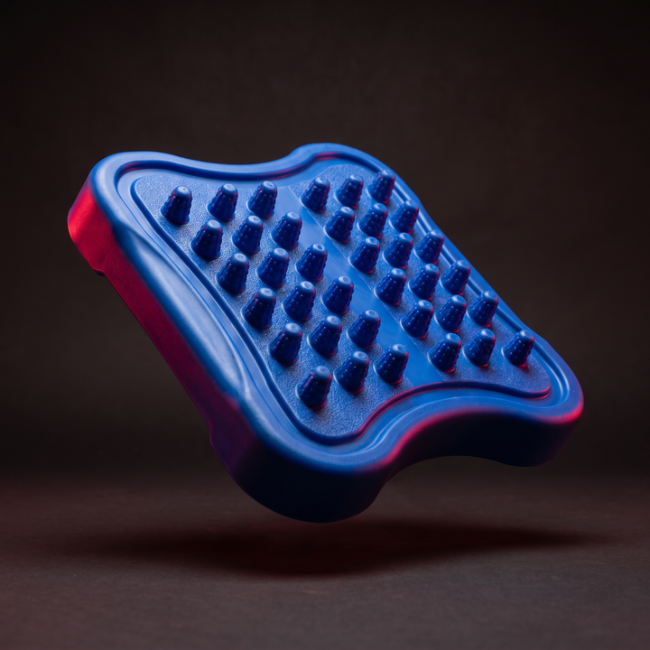 Blue textured foot massage board with raised pegs, angled hero shot on dark background