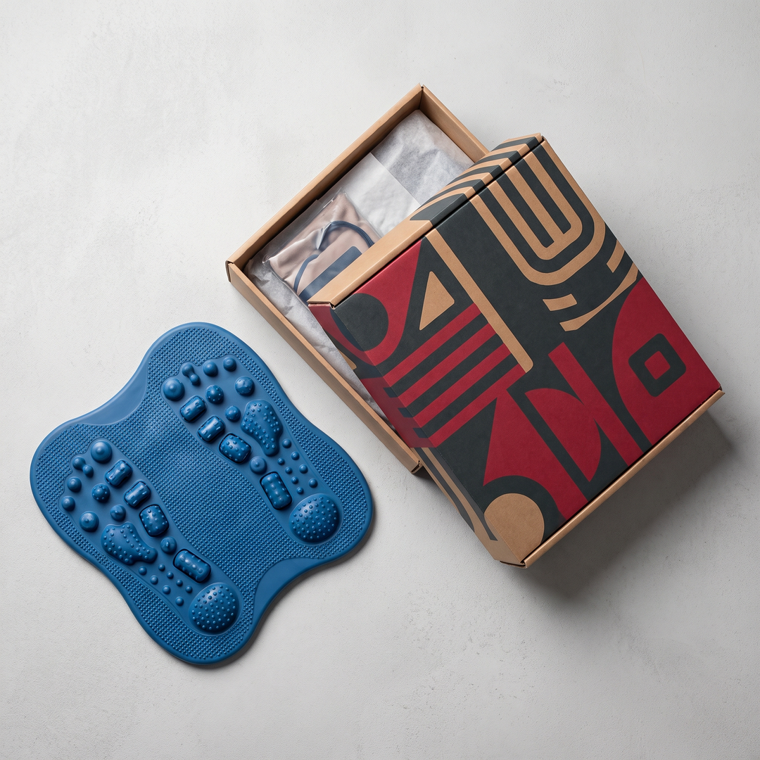 Blue foot massage board with retail packaging box