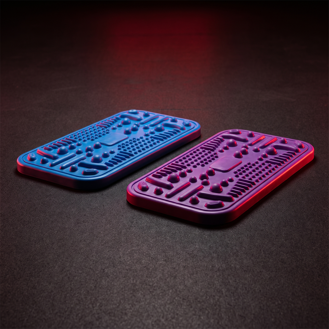 Blue and purple foot massage boards shown side by side for color comparison