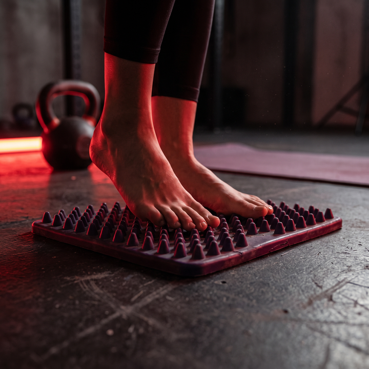 Close-up of bare feet on purple foot massage board pegs