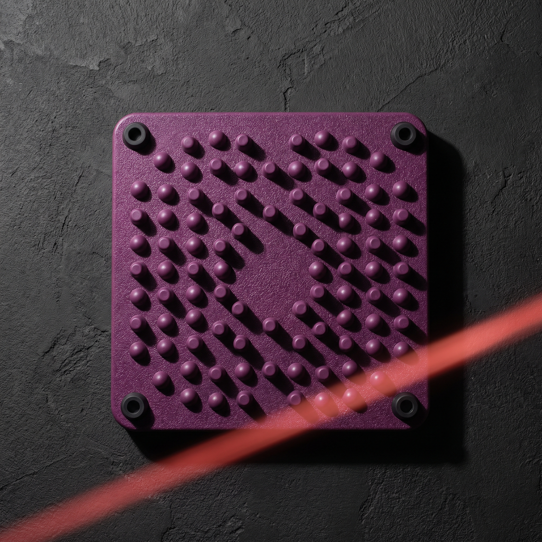 Top-down view of purple foot massage board on dark surface