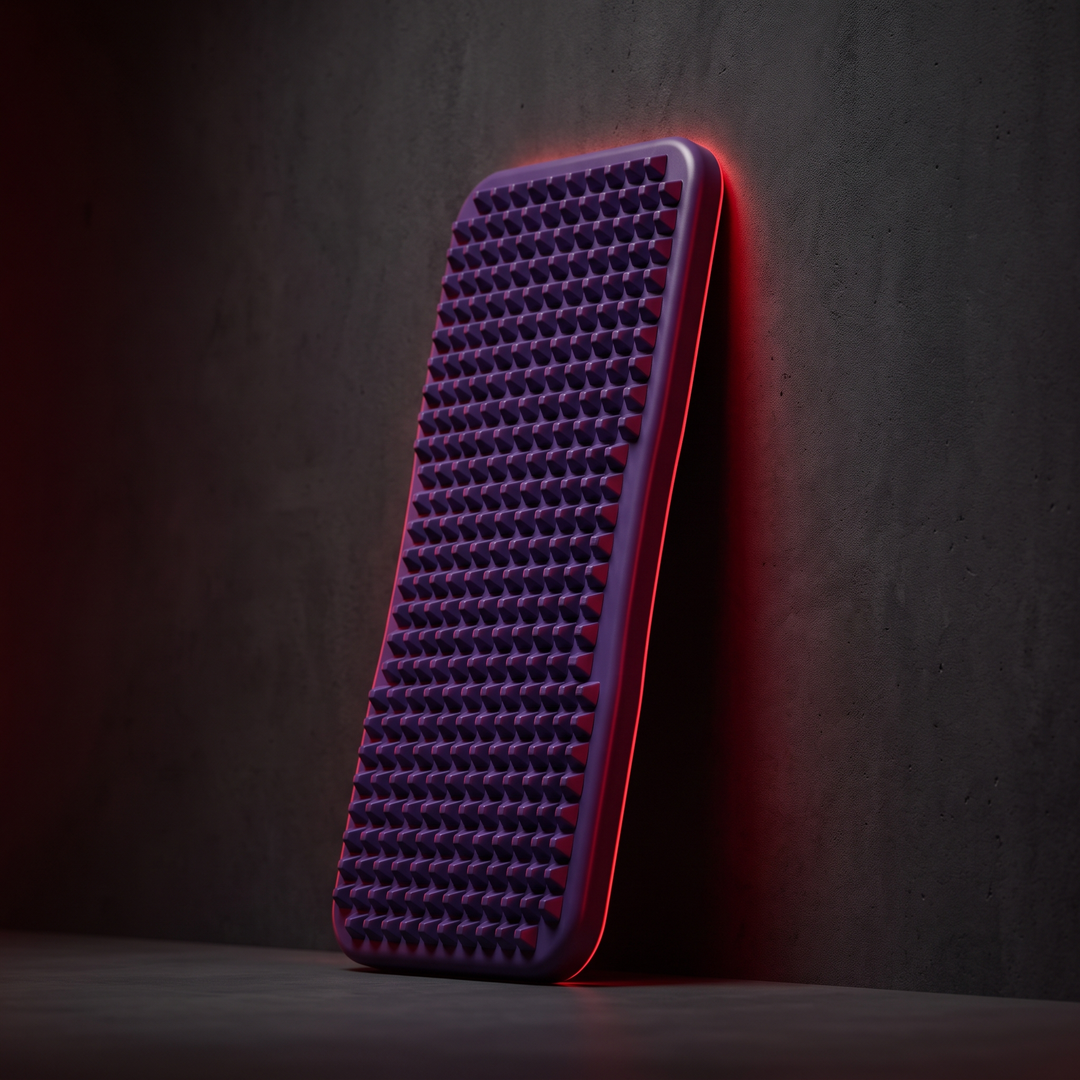 Purple foot massage board standing upright against dark wall, hero shot