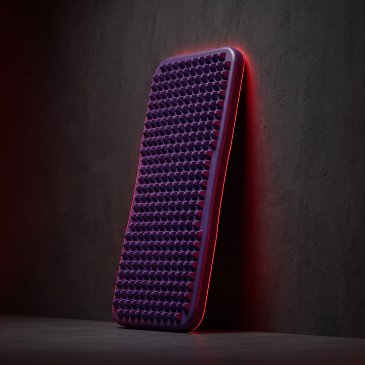 Purple foot massage board standing upright against dark wall, hero shot