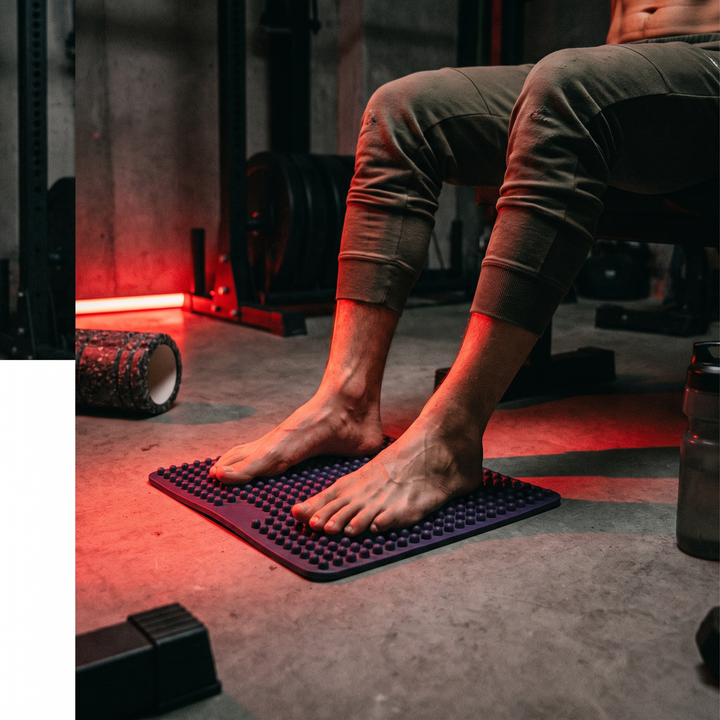 Person standing barefoot on purple foot massage board in home gym for post-workout foot recovery