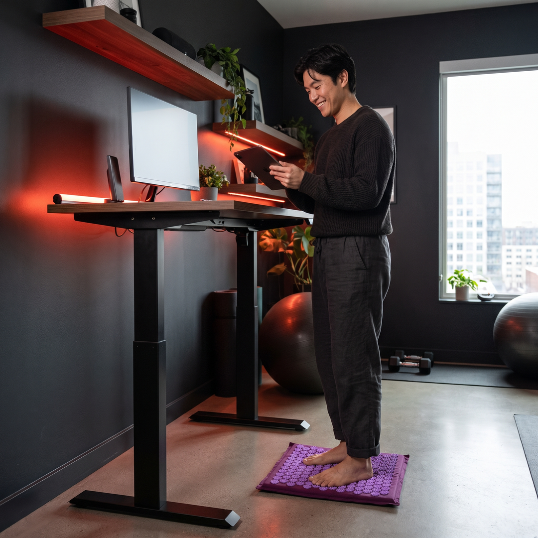 Person using purple foot massage board at standing desk while using a tablet
