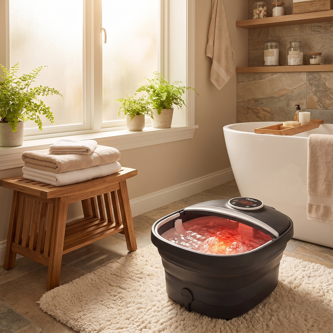 Collapsible Foot Spa Bath with Heat Bubbles - bathroom setting on bath mat