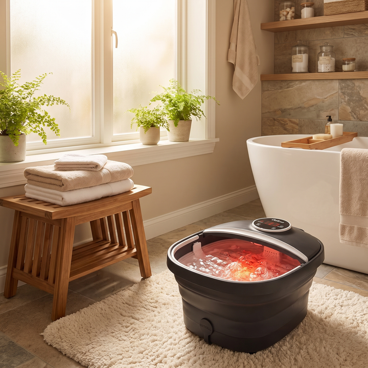 Collapsible Foot Spa Bath with Heat Bubbles - bathroom setting on bath mat