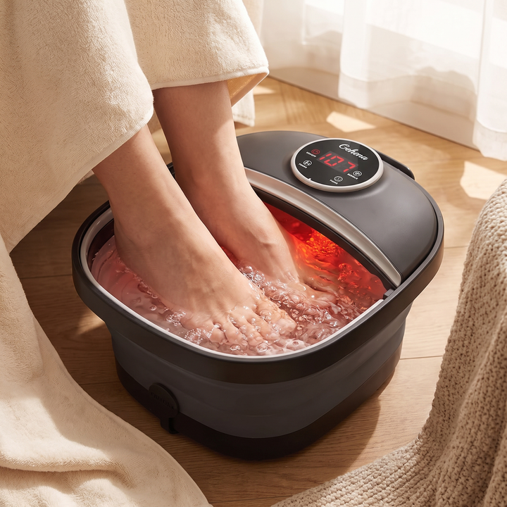 Collapsible Foot Spa Bath with Heat Bubbles - feet soaking close-up in bubbling water