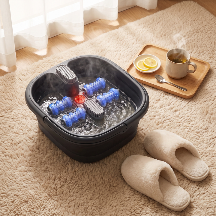 Collapsible Foot Spa Bath with Heat Bubbles - home spa overhead scene with tea and slippers