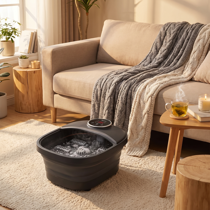 Collapsible Foot Spa Bath with Heat Bubbles - living room setting near sofa
