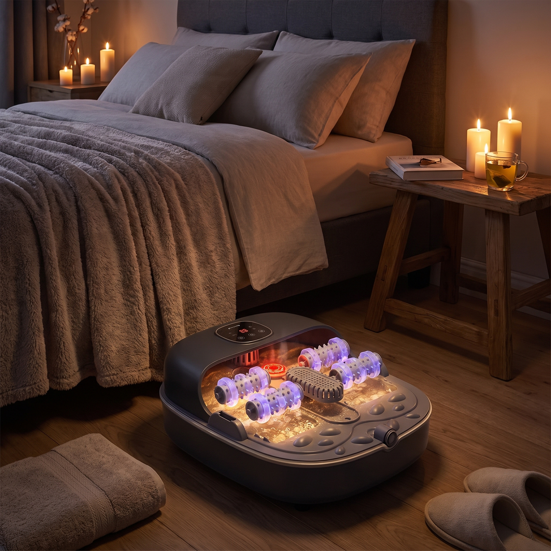 Collapsible Foot Spa Bath with Heat Bubbles - nighttime relaxation scene with candles