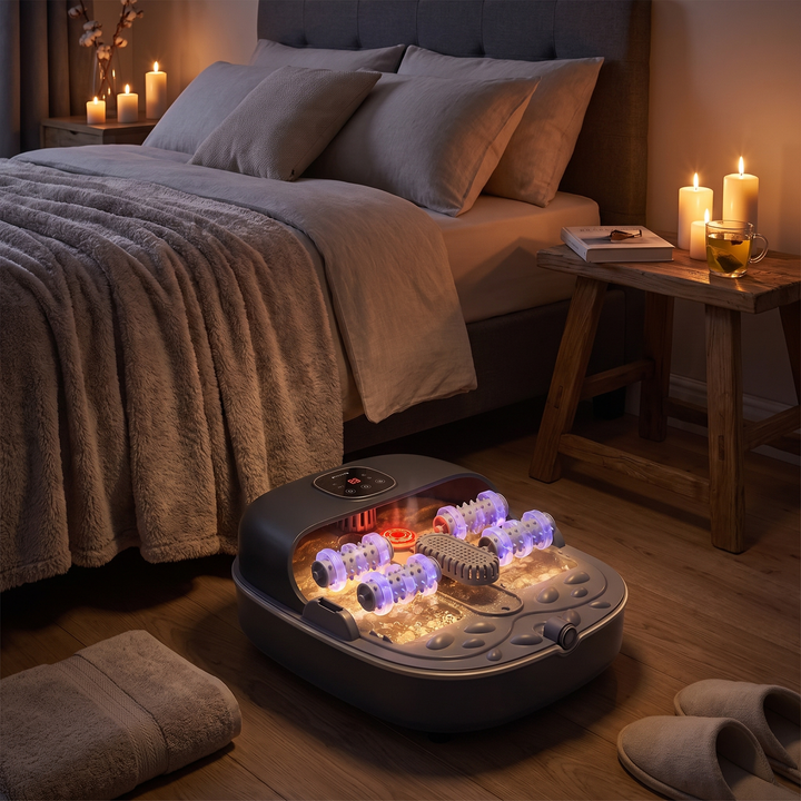 Collapsible Foot Spa Bath with Heat Bubbles - nighttime relaxation scene with candles