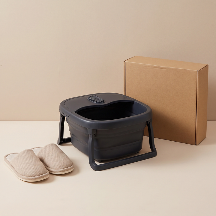 Collapsible Foot Spa Bath with Heat Bubbles - size comparison unfolded next to shoebox and slippers