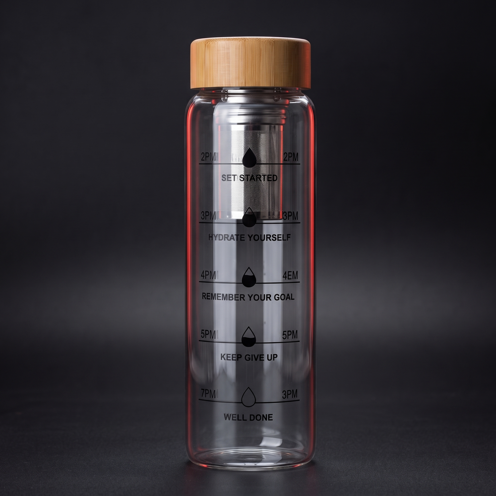 Borosilicate Glass Water Bottle with Bamboo Lid, Time Marker, Tea Fruit Infuser, Stainless Steel Filter, BPA Free - 1000ml Hero Shot