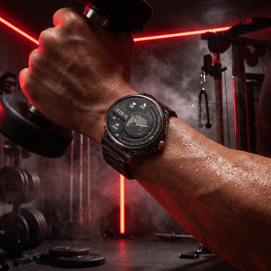 Professional GPS Smart Watch Sport Fitness Tracker - Black Steel Band worn during gym training