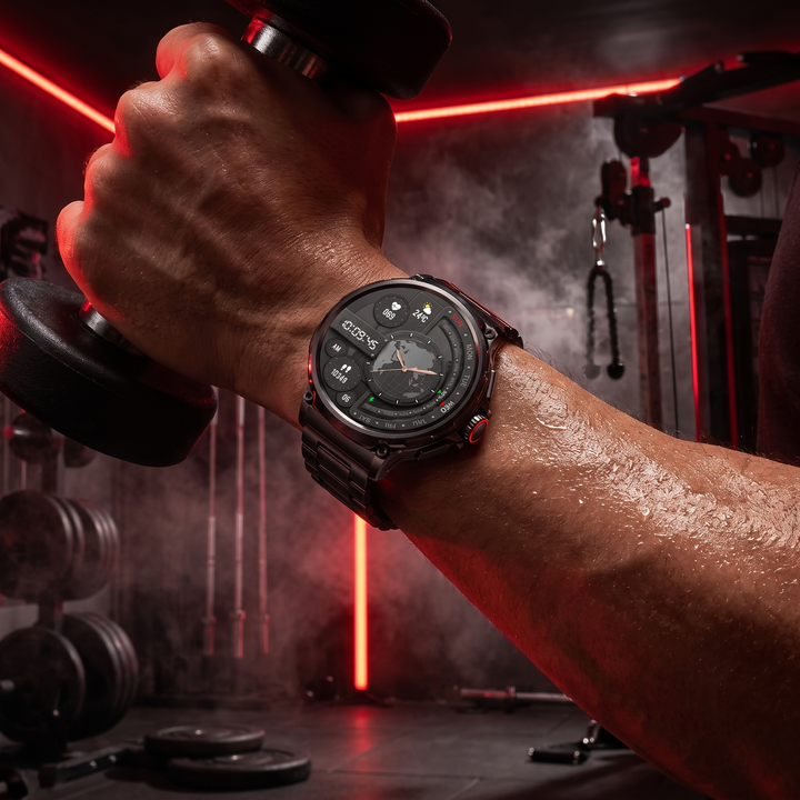 Professional GPS Smart Watch Sport Fitness Tracker - Black Steel Band worn during gym training