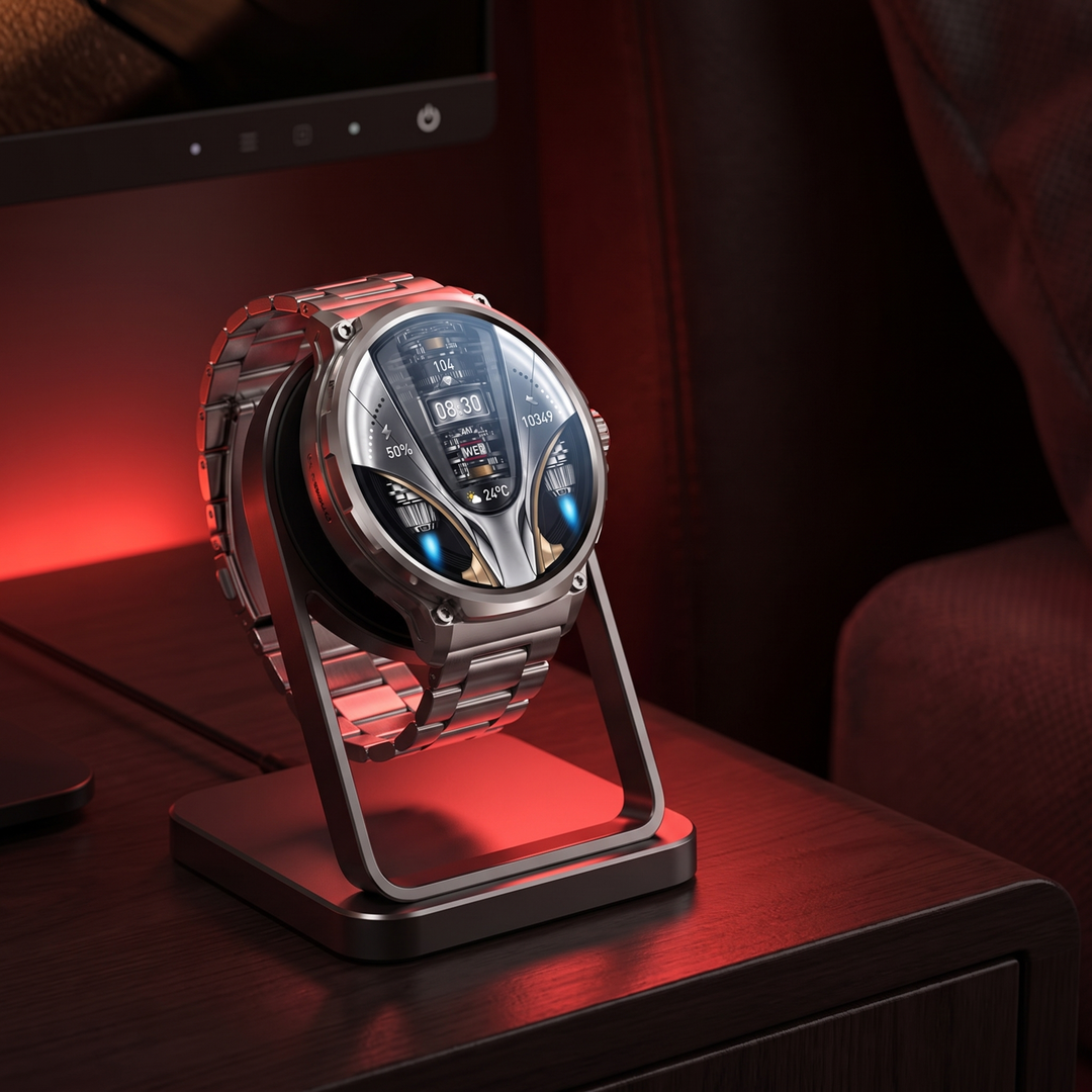 Professional GPS Smart Watch Sport Fitness Tracker - charging dock lifestyle night scene