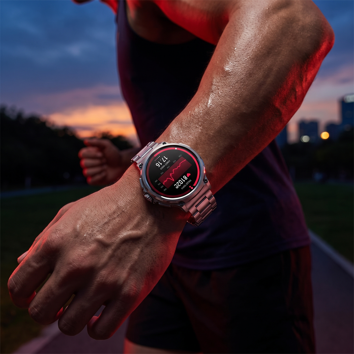 Professional GPS Smart Watch Sport Fitness Tracker - Silver Steel Band worn during outdoor run