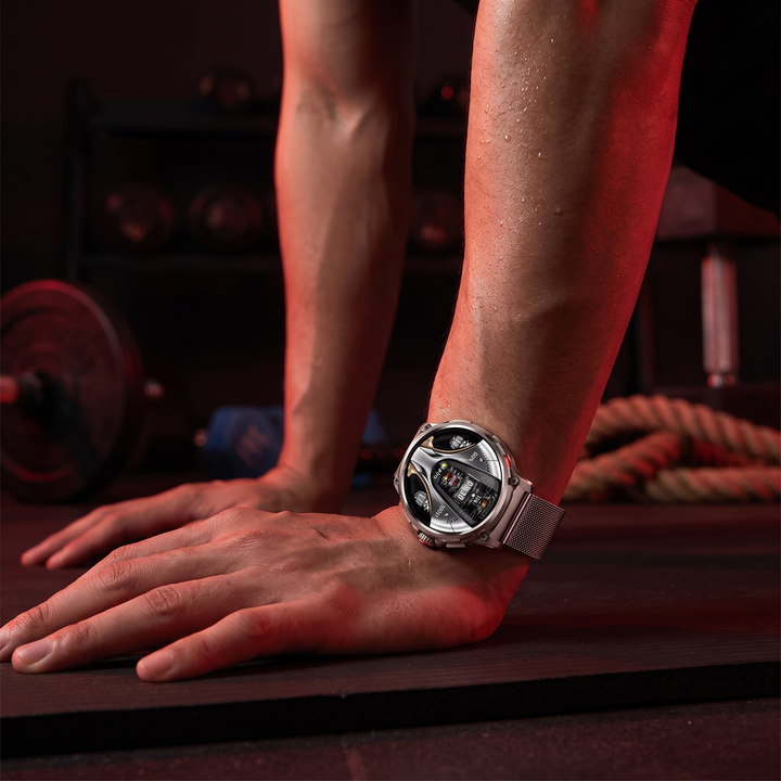 Professional GPS Smart Watch Sport Fitness Tracker - Silver Mesh Band worn during stretching recovery