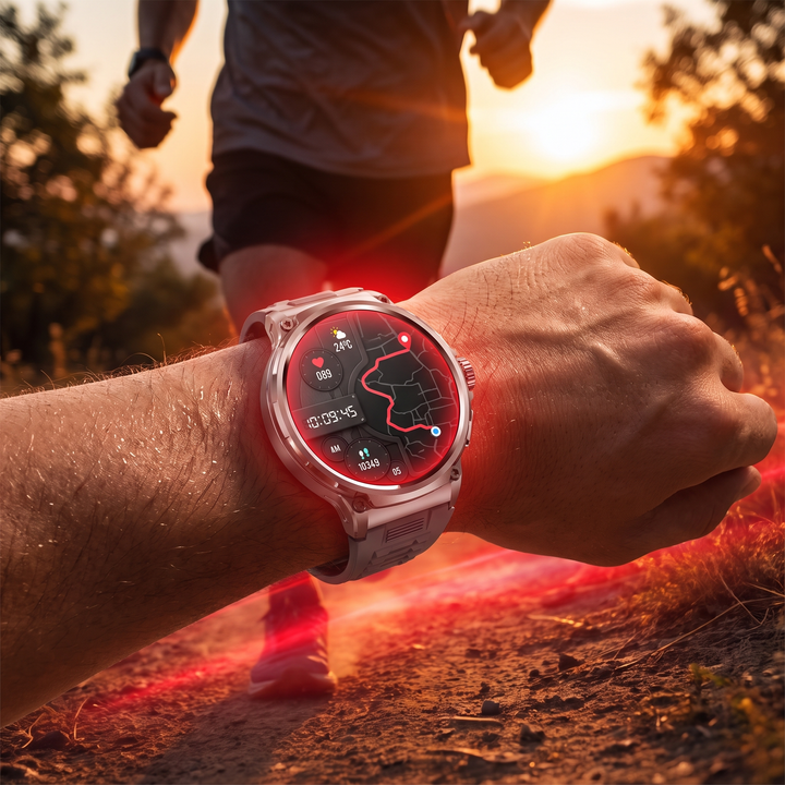 Professional GPS Smart Watch Sport Fitness Tracker - Grey Silicone Band worn during sunset run
