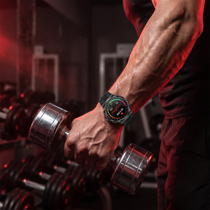 Professional GPS Smart Watch Sport Fitness Tracker - Black Silicone Band worn during weightlifting