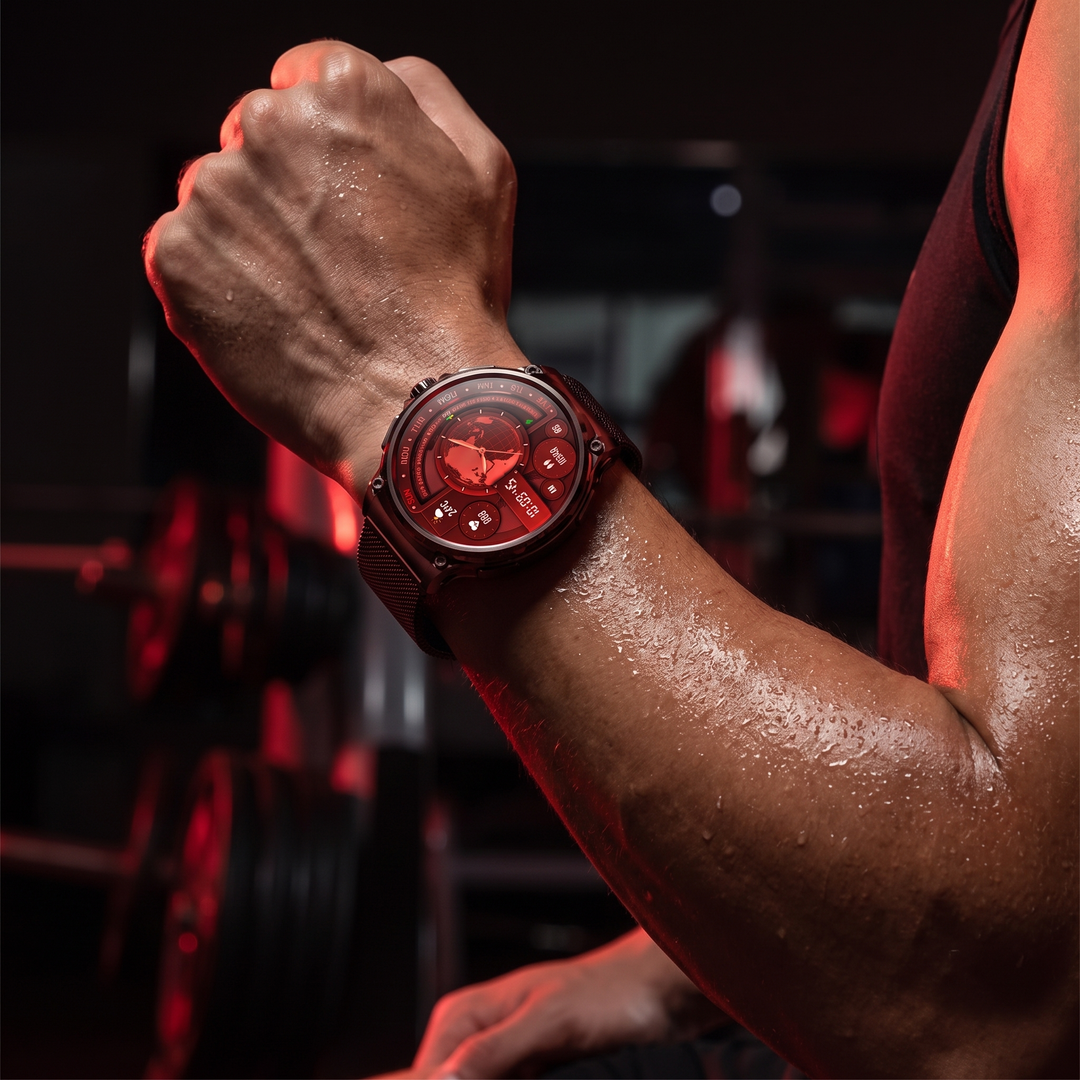 Professional GPS Smart Watch Sport Fitness Tracker - Black Mesh Band worn during workout close-up