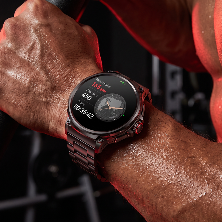 Professional GPS Smart Watch Sport Fitness Tracker - Black Steel Band wrist close-up during workout