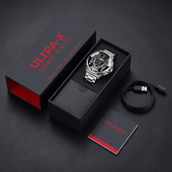 Professional GPS Smart Watch Sport Fitness Tracker - packaging flat lay with charging cable and manual