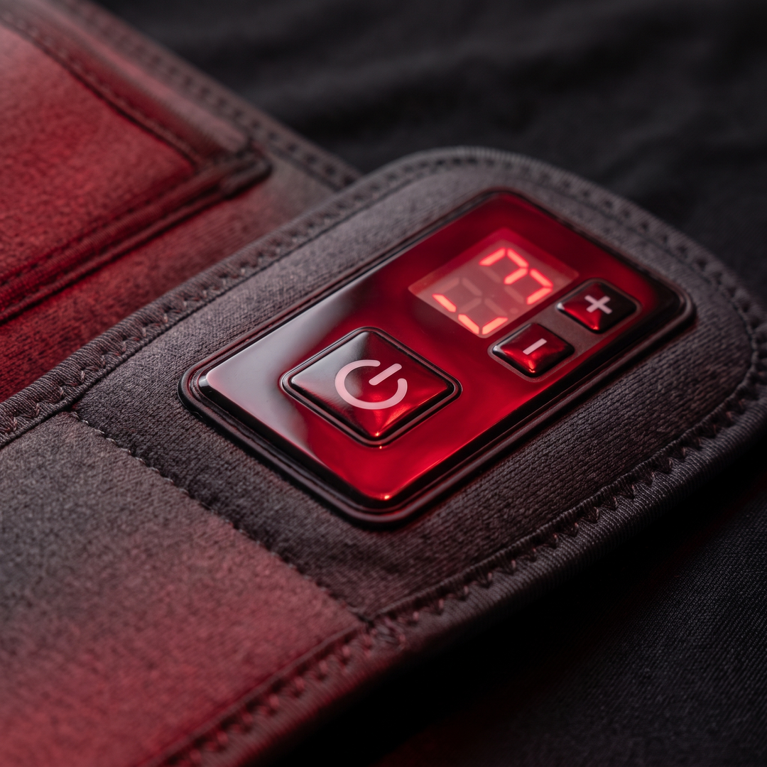 Close-up of control buttons and intensity display on the infrared heat wrap belt