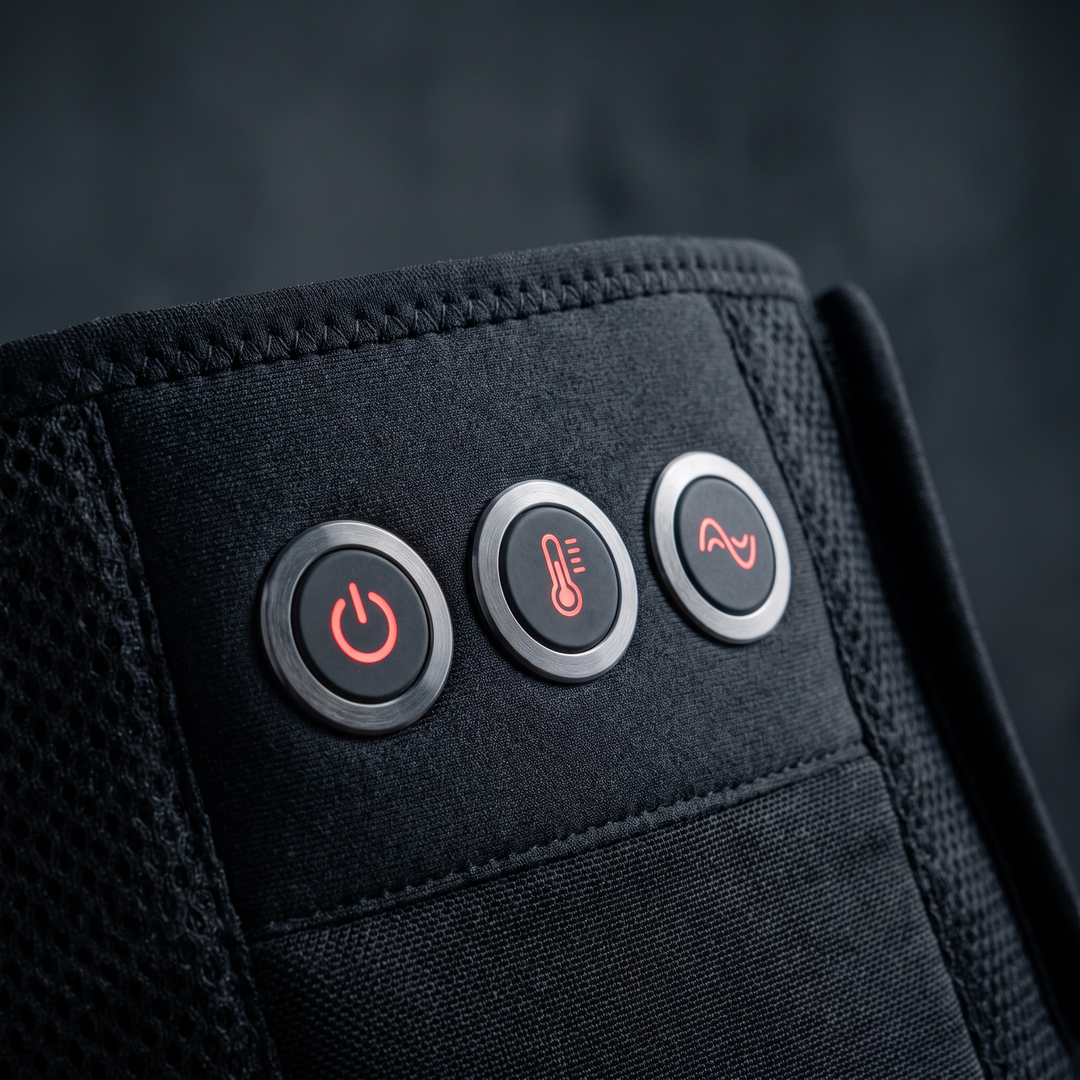 Control button panel for adjusting heat and vibration intensity levels on the waist recovery belt