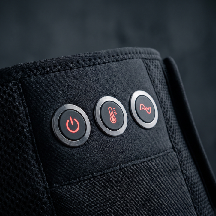 Control button panel for adjusting heat and vibration intensity levels on the waist recovery belt
