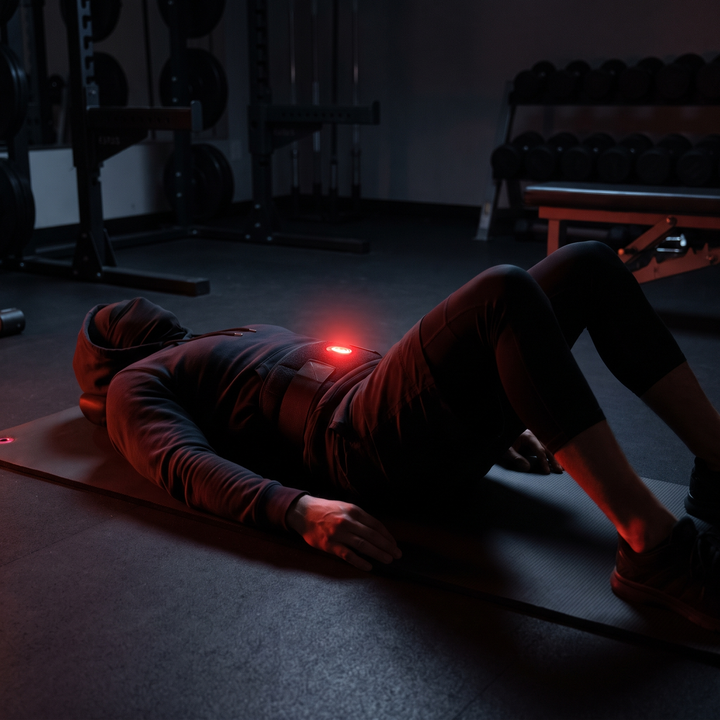 Alternate view of a person lying down wearing a cordless waist recovery belt glowing with red light