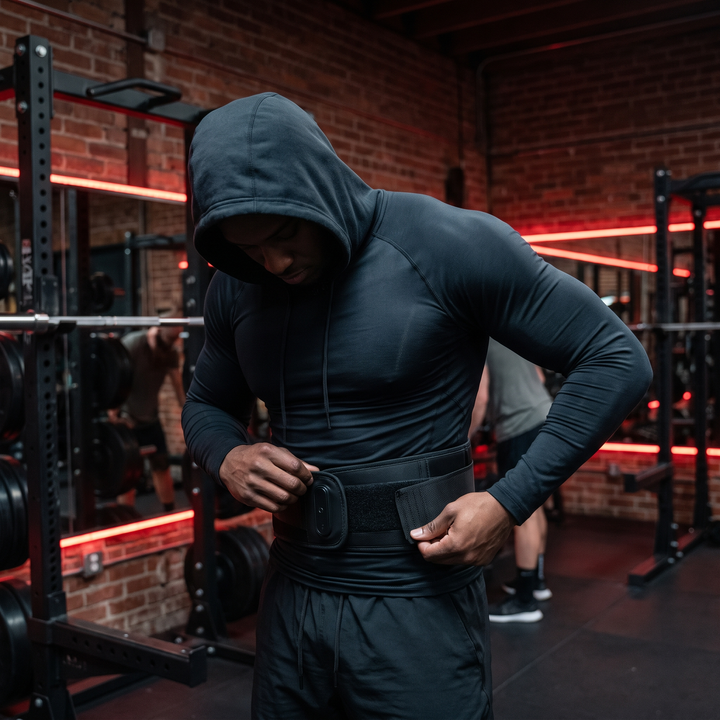 Athlete adjusting the straps of a cordless waist massage belt before a workout