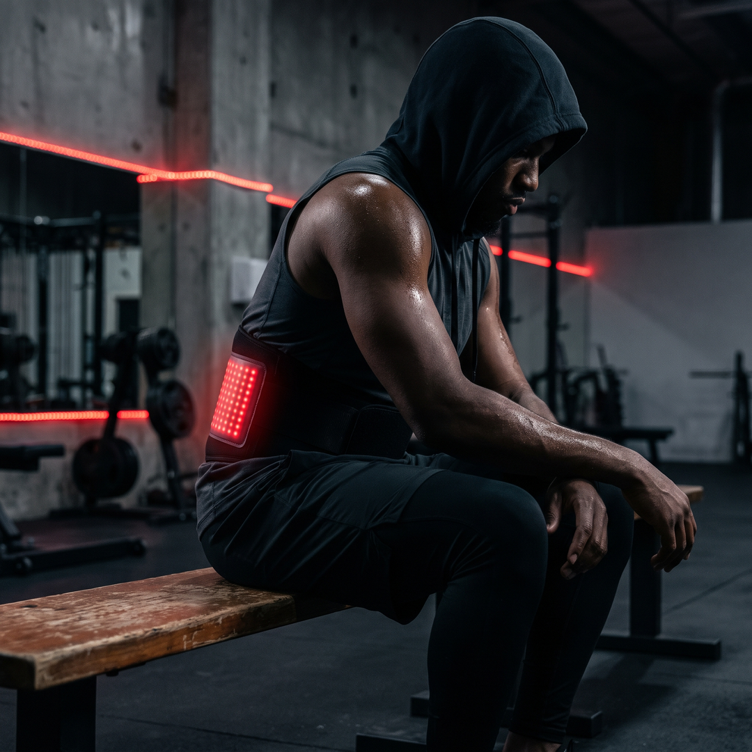 Alternate view of a person seated wearing a cordless waist recovery belt with glowing red light panel