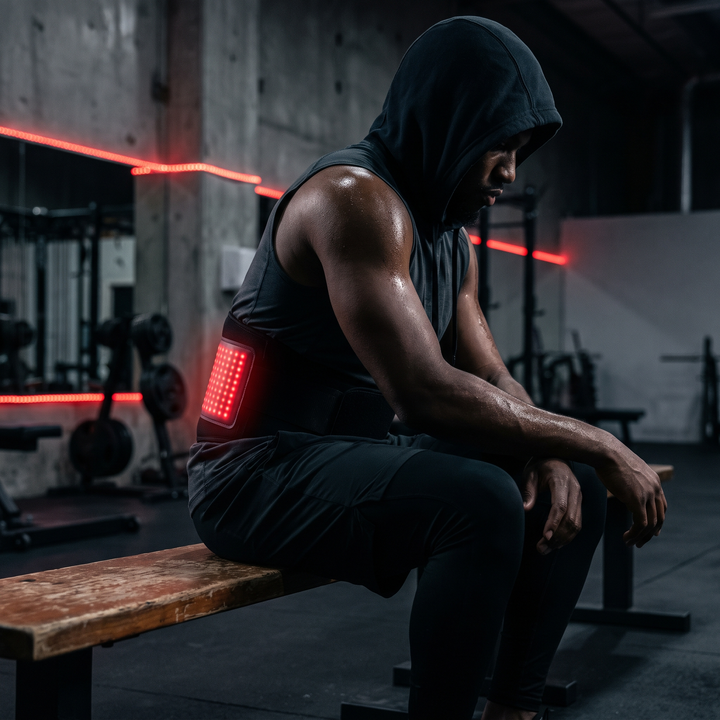 Alternate view of a person seated wearing a cordless waist recovery belt with glowing red light panel