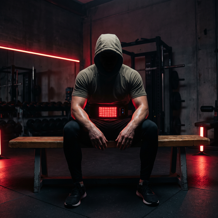 Person seated on a gym bench wearing a cordless waist recovery belt with glowing red light panel during post-workout recovery