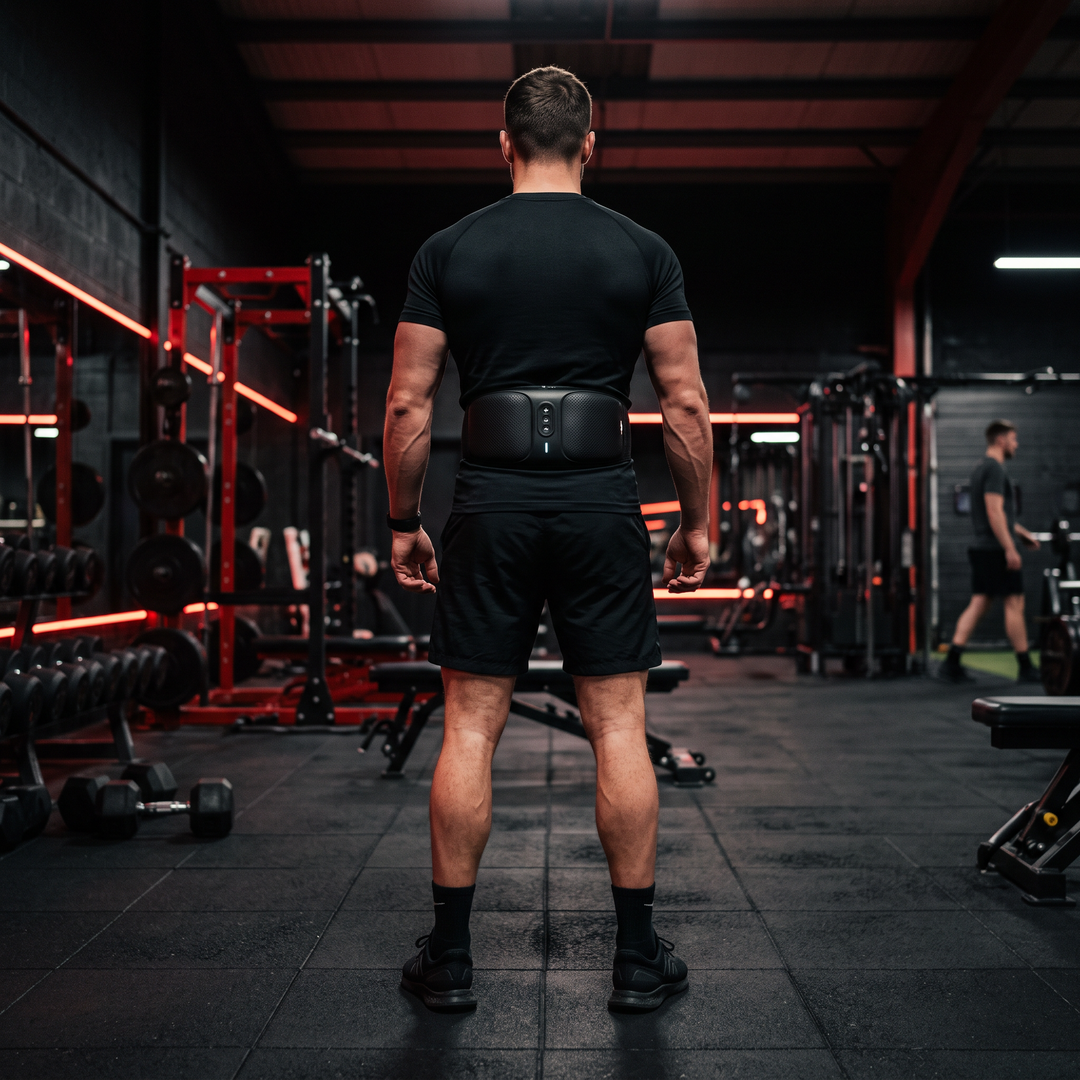 Person standing in a dark gym wearing a cordless waist massage belt for daily recovery