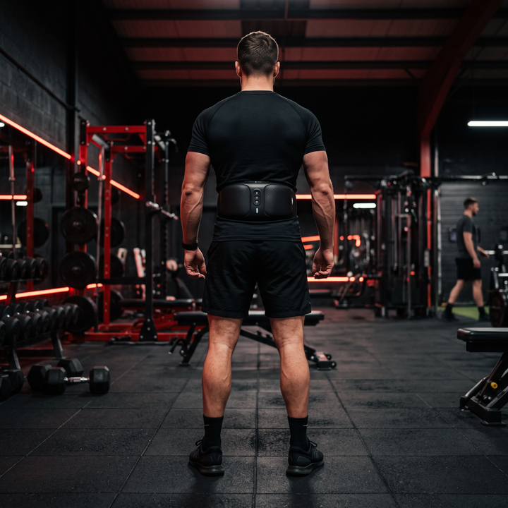 Person standing in a dark gym wearing a cordless waist massage belt for daily recovery