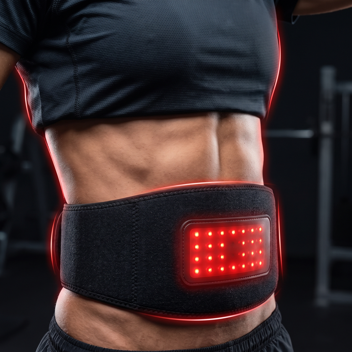 Close-up of a toned torso wearing a cordless waist massage belt with glowing red light panel