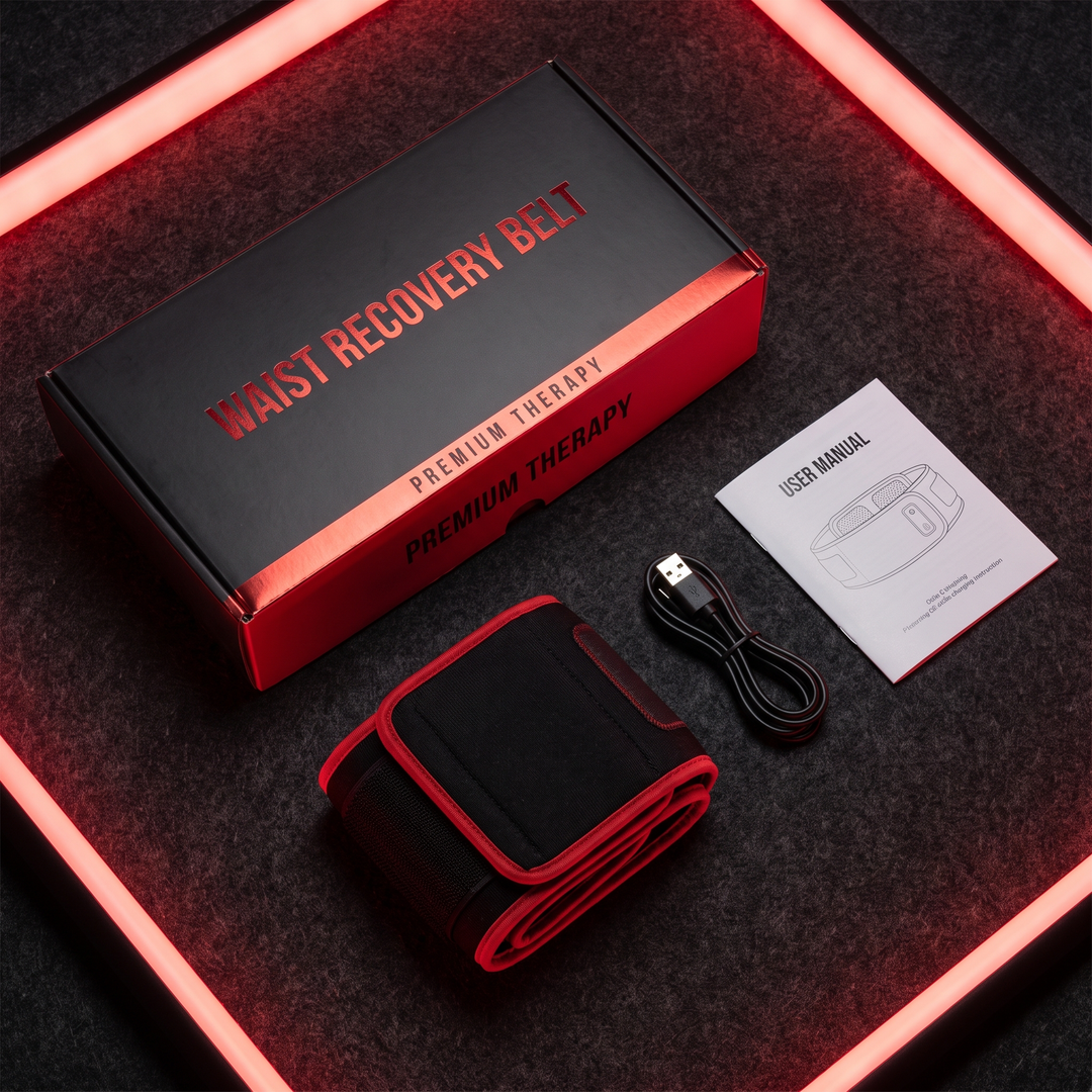 Flat lay of waist recovery belt packaging with belt, charging cable, and instruction guide