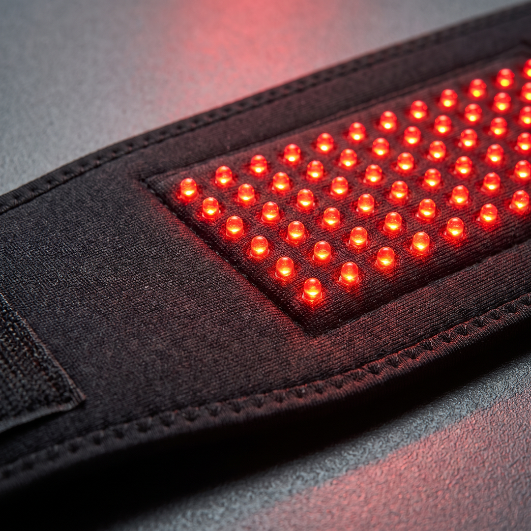 Close-up of red light panel with vibration massage beads on cordless waist recovery belt
