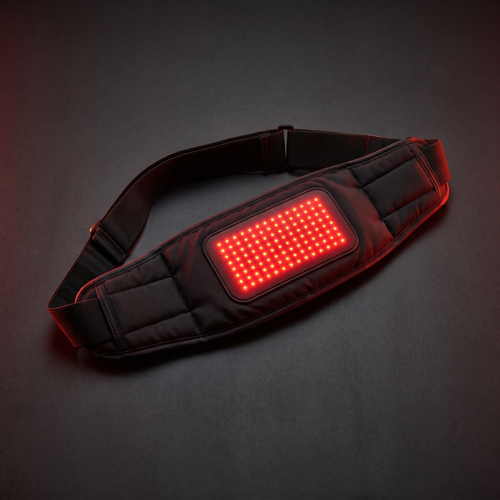 Cordless heated waist belt with red light and vibration massage panel, black premium design for post-workout recovery