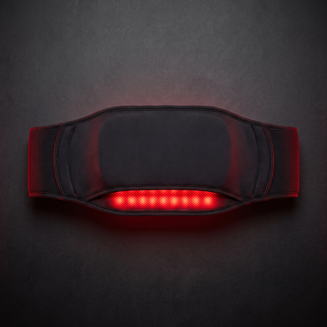 Alternate view of cordless heated waist belt Type 2 with glowing red light and vibration massage panel