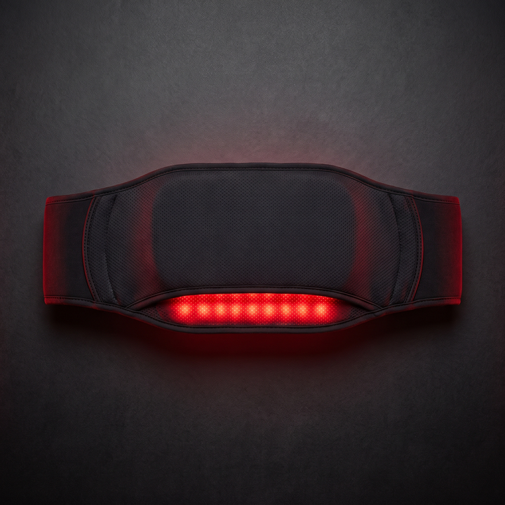 Alternate view of cordless heated waist belt Type 2 with glowing red light and vibration massage panel