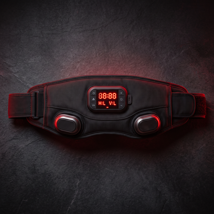 Alternate view of cordless heated waist belt Type 3 with red light and vibration massage panel
