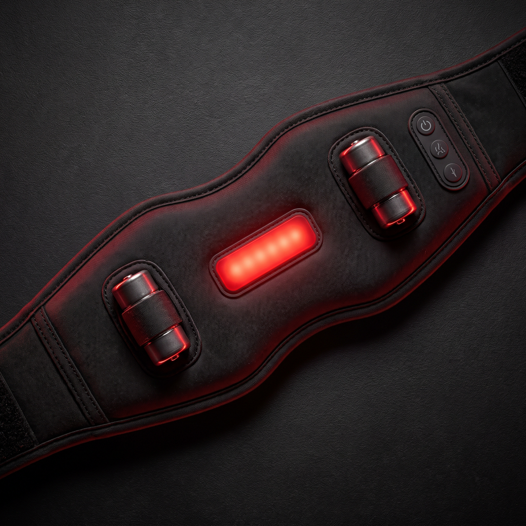 Cordless heated waist belt Type 3 with dual vibration motor pods and red light massage panel
