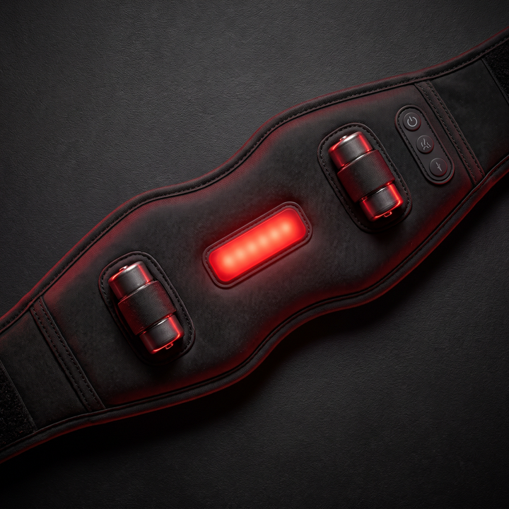 Cordless heated waist belt Type 3 with dual vibration motor pods and red light massage panel